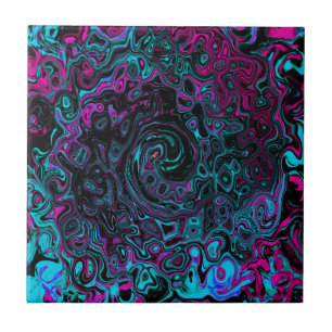 Retro Aqua Magenta and Black Abstract Swirl Tile