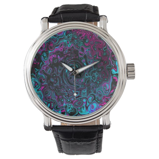 Retro Aqua Magenta and Black Abstract Swirl Watch (Front)