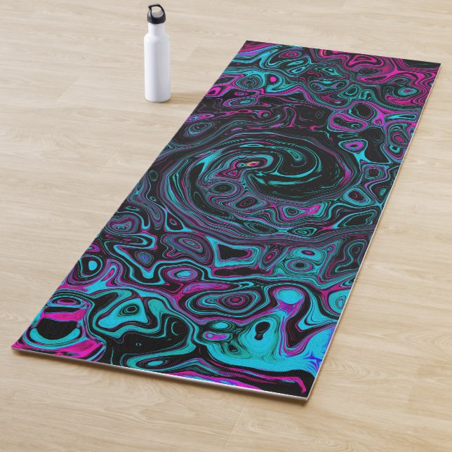 Retro Aqua Magenta and Black Abstract Swirl Yoga Mat (In Situ)