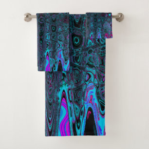 Retro Aqua Magenta and Black Abstract Waves Bath Towel Set