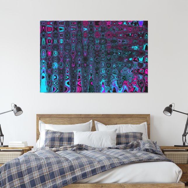 Retro Aqua Magenta and Black Abstract Waves Canvas Print (Insitu(Bedroom))