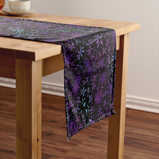 Retro Aqua Purple Floral Blossoms Short Table Runner (In Situ)