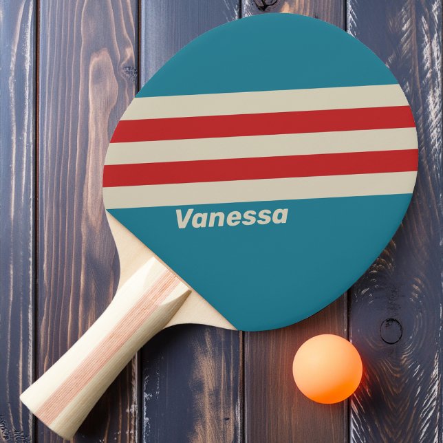Retro Aqua Surf Stripes with Name Ping Pong Paddle (Creator Uploaded)