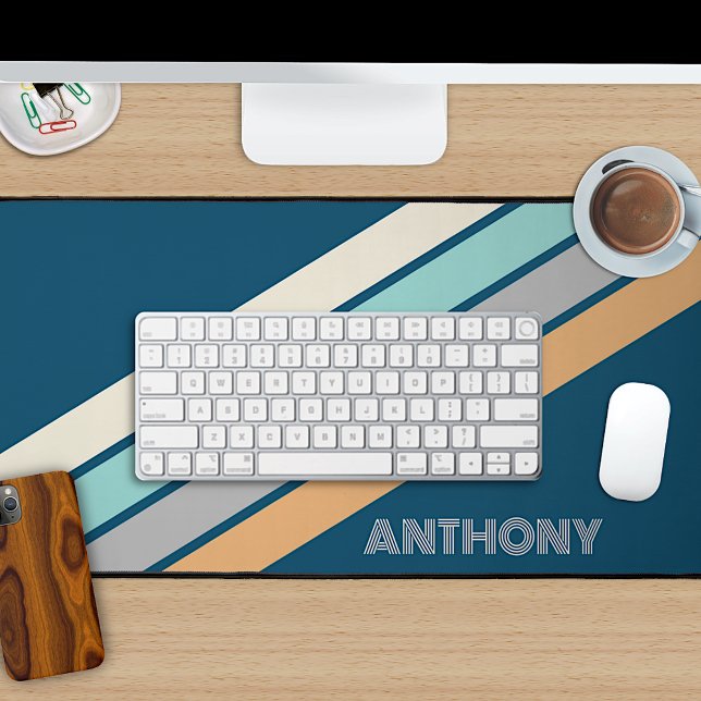 Retro Aqua Teal Blue Yellow Grey Black Stripes Art Desk Mat (Creator Uploaded)