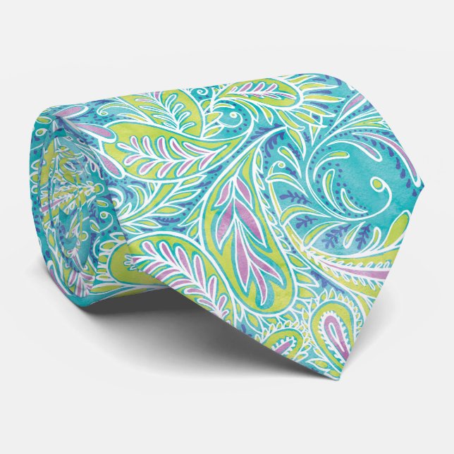 Retro Aqua Turquoise Paisley Pattern Tie (Rolled)