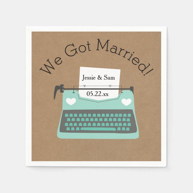 Retro Aqua Typewriter Wedding Paper Napkins (Front)