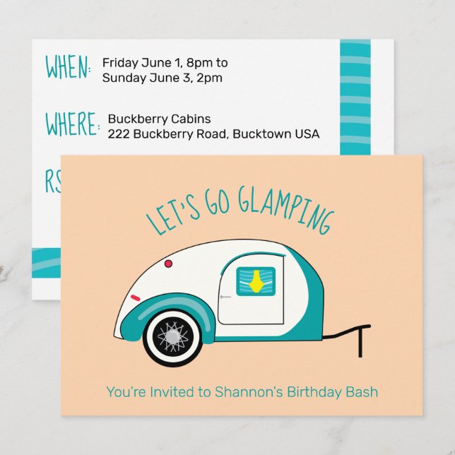 Retro Aquamarine Teardrop Camper Glamping Invitation (Front/Back)