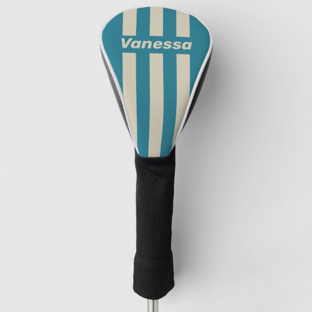 Retro Aquamarine Three Pin Stripes with Name Golf Head Cover (Front)