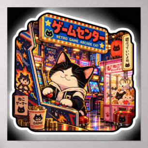Retro Arcade Cat Colourful Japanese Gaming Night Poster