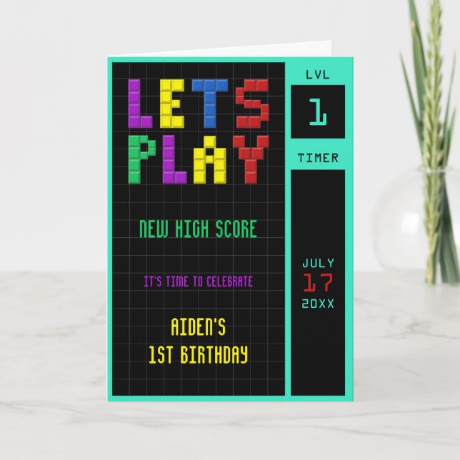 Retro Arcade Game Kids 1st Birthday Thank You Card (Front)