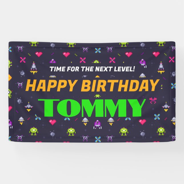 Retro Arcade Game Pattern Birthday Party Banner (Horizontal)