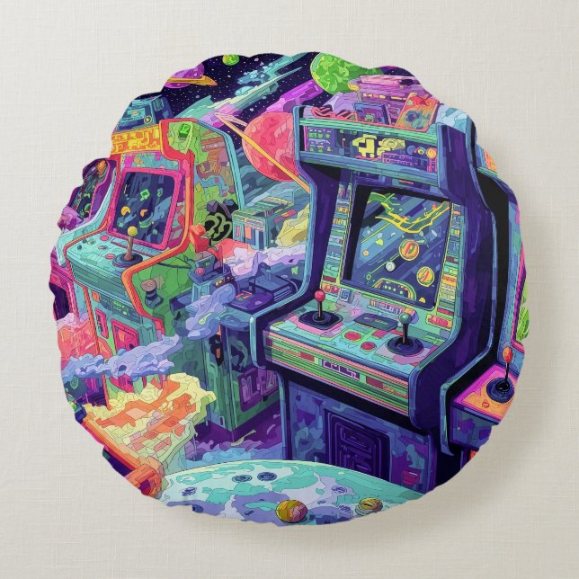 Retro Arcade Machines in Space Round Pillow (Front)