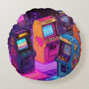 Retro Arcade Machines Round Pillow