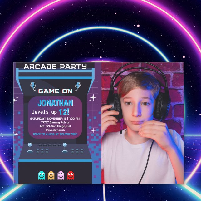 Retro Arcade Photo Birthday Boy | Game On Party Invitation (Creator Uploaded)