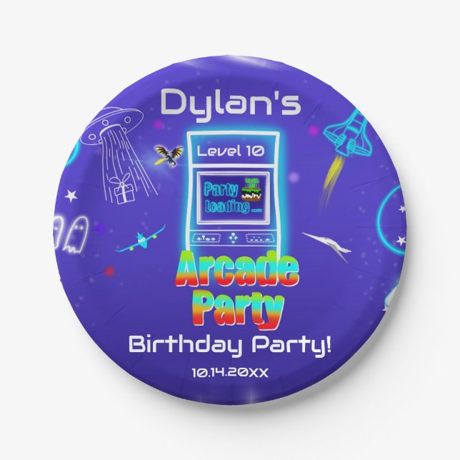  Retro Arcade Power Up Gaming Birthday Party Paper Plate (Front)