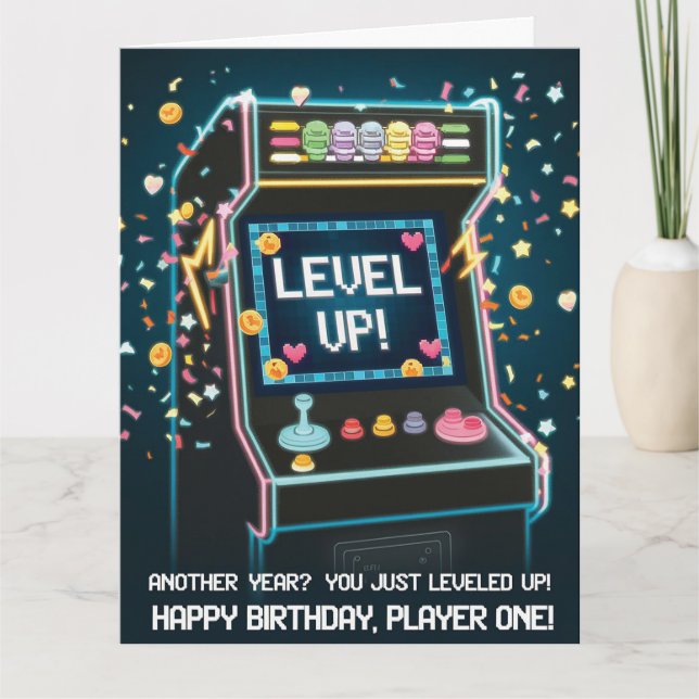 Retro Arcade-Themed Birthday - "Level Up!" Gamer Card (Front)