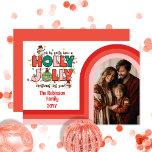 Retro Arch Holly Jolly Christmas Family Photo Holiday Card<br><div class="desc">Retro arch photo design in shades from pink, coral and coral red on white "Oh by Golly Have a Holly Jolly Christmas This Year".</div>