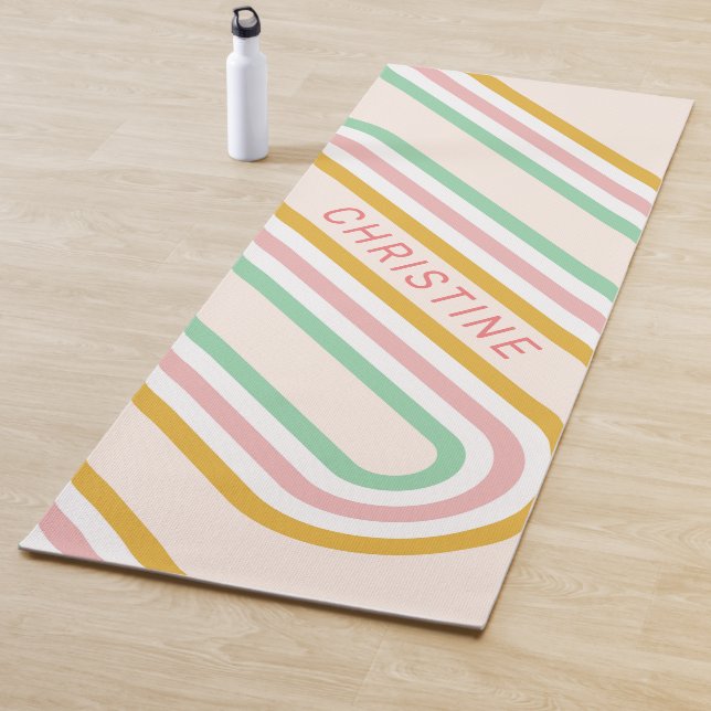 Retro Arch Line Art Pink Stripes Minimal Yoga Mat (In Situ)