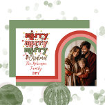 Retro Arch Merry Christmas Family Photo Holiday Card<br><div class="desc">Retro arch photo design with striped frame in shades from dusky pink, terracotta and sage green on white "merry merry merry Christmas".</div>