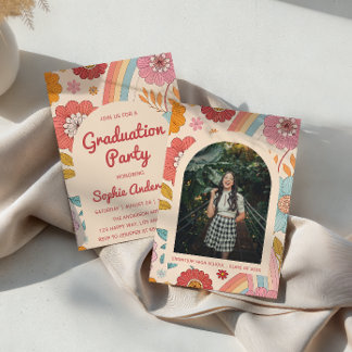 Retro Arch Photo Floral Rainbow Graduation Party   Invitation