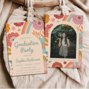 Retro Arch Photo Floral Rainbow Graduation Party Invitation