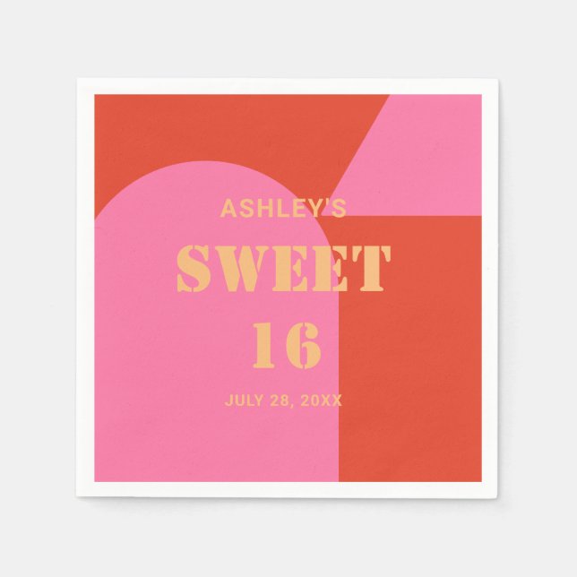 Retro Arch Pink & Orange Sweet 16 Birthday  Napkin (Front)