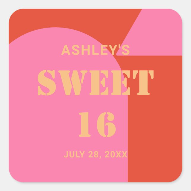 Retro Arch Pink & Orange Sweet 16 Birthday  Square Sticker (Front)