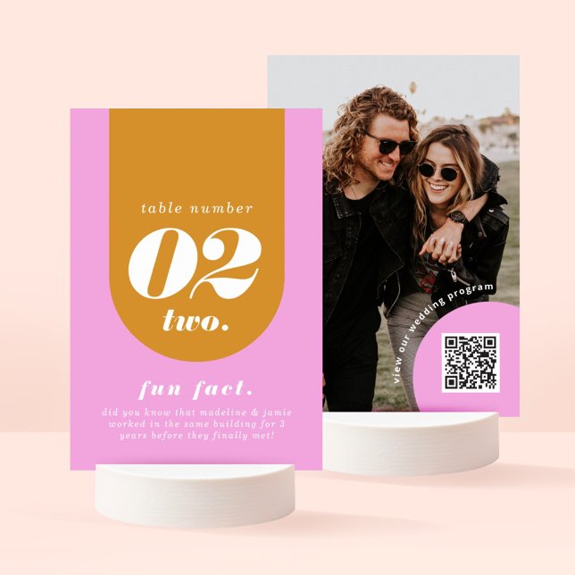 Retro Arch Pink & Yellow Couple's Fun Fact & Photo Table Number (Creator Uploaded)