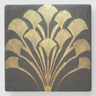 Retro Art Deco Black Gold Hieroglyphic Plant Stone Coaster