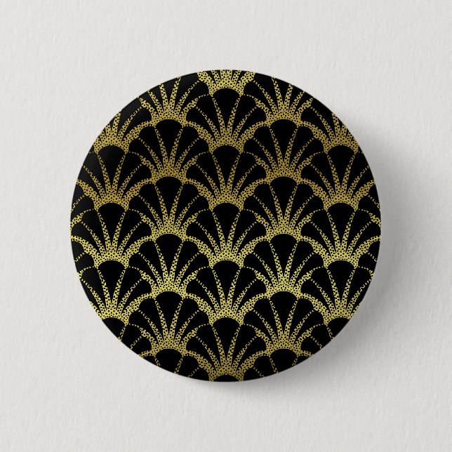 Retro Art Deco Black / Gold Shell Scale Pattern 2 Inch Round Button (Front)