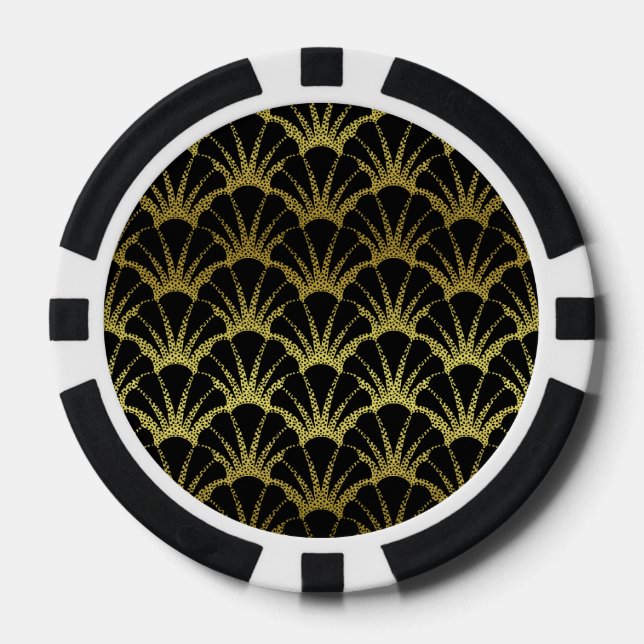 Retro Art Deco Black / Gold Shell Scale Pattern Poker Chips (Front)