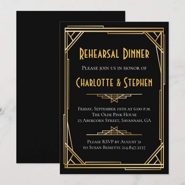 Retro Art Deco Great Gatsby Gold & Black Wedding Invitation (Front/Back)
