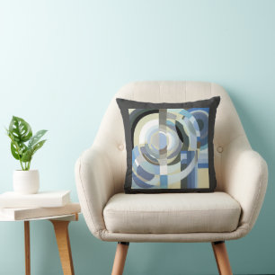 Retro Art Deco Jazz Vintage Blue Circles Pattern Throw Pillow