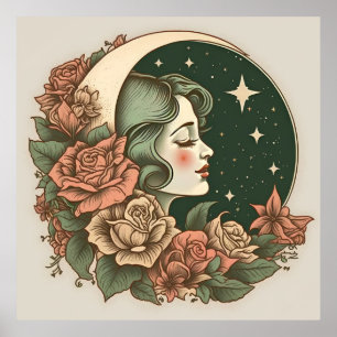 Retro Art Déco Lune Lady Étoiles & Fleurs