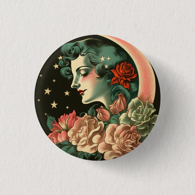 Retro Art Deco Moon Lady & Flowers 1 Inch Round Button (Front)