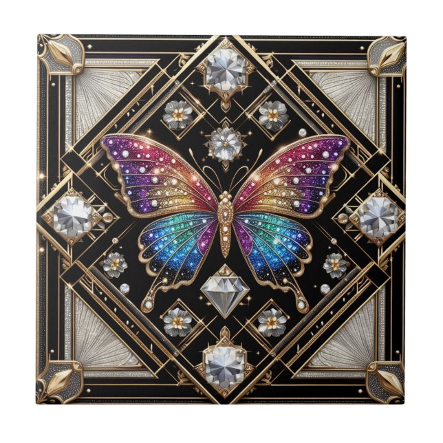 Retro Art Deco Nouveau Rainbow Butterfly Tile (Front)