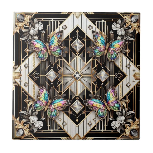Retro Art Deco Nouveau Rainbow Butterfly Tile (Front)