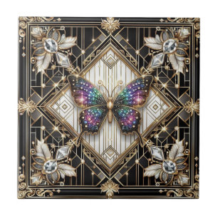 Retro Art Deco Nouveau Rainbow Butterfly Tile