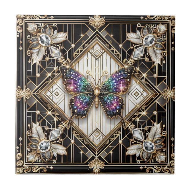 Retro Art Deco Nouveau Rainbow Butterfly Tile (Front)