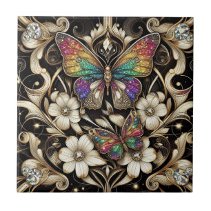 Retro Art Deco Nouveau Rainbow Butterfly Tile