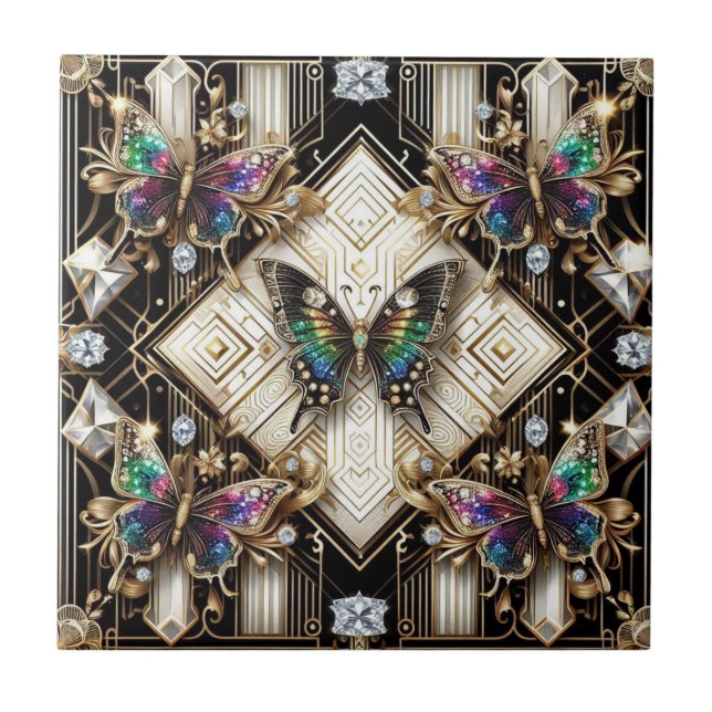 Retro Art Deco Nouveau Rainbow Butterfly Tile (Front)