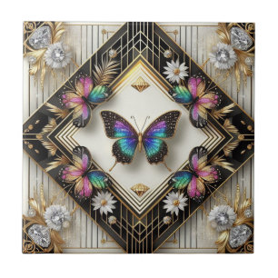 Retro Art Deco Nouveau Rainbow Butterfly Tile