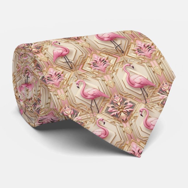 Retro Art Deco Pink Flamingos Tie (Rolled)