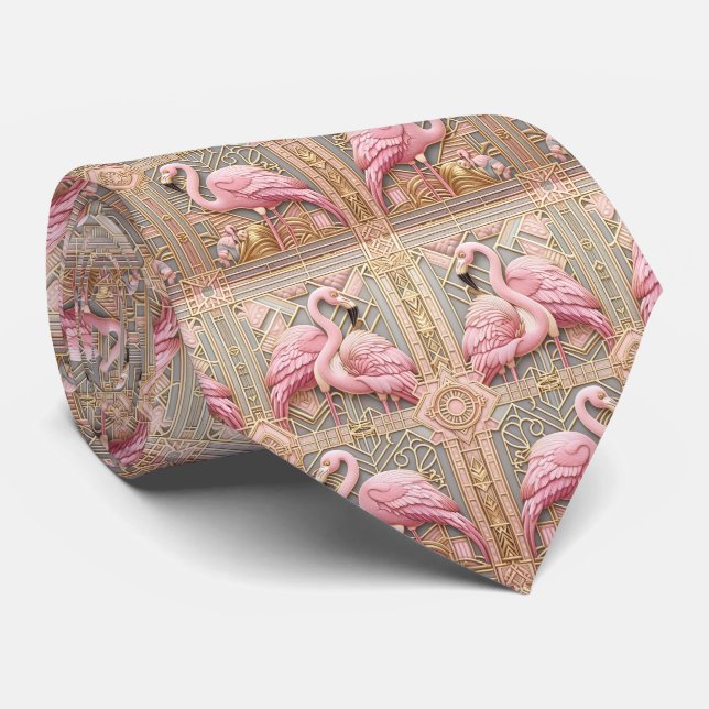 Retro Art Deco Pink Flamingos Tie (Rolled)