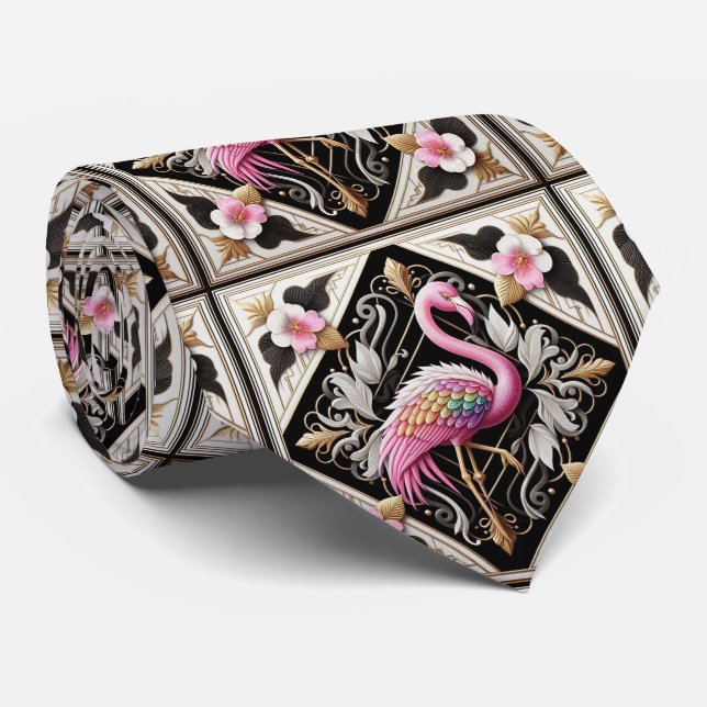Retro Art Deco Pink Flamingos Tie (Rolled)