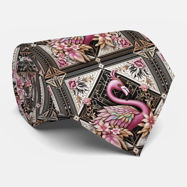 Retro Art Deco Pink Flamingos Tie (Rolled)
