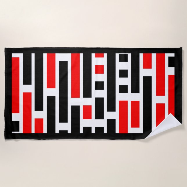 Retro Art Deco Red Black Abstract Design Beach Towel (Front)