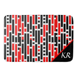 Retro Art Deco Red Black Abstract Pattern Monogram Bath Mat
