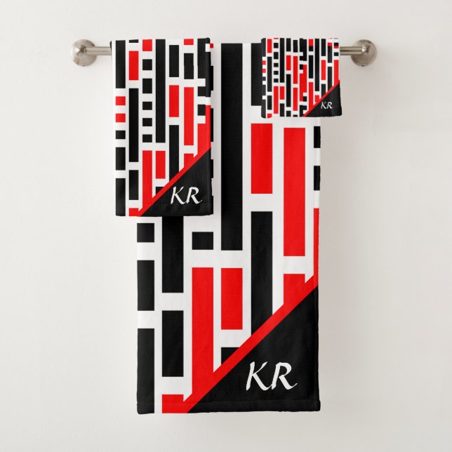 Retro Art Deco Red Black Abstract Pattern Monogram Bath Towel Set (Insitu)
