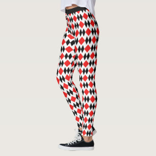 Retro Art Deco Red Black Diamond Geometric Pattern Leggings